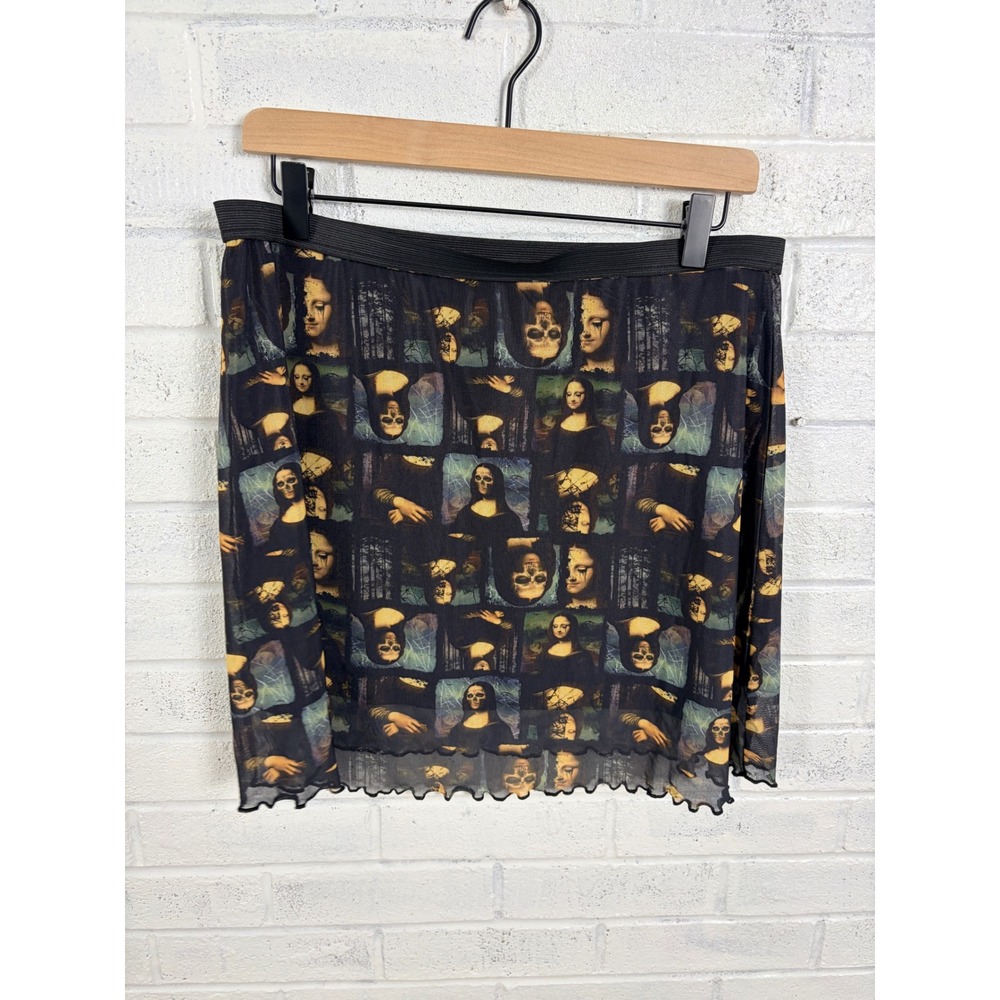 Social Collision Mesh Mini Skirt Womens XL Black Mona Lisa Skull Goth Sheer